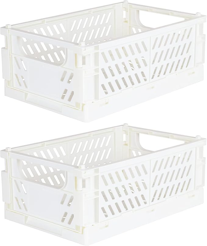 Tixill 2-Pack Mini Foldable Plastic Baskets for Organizing and Storage, Collapsible Storage Crate for Home Kitchen Bedroom Bathroom Office (9.8x6.5x3.8, White)