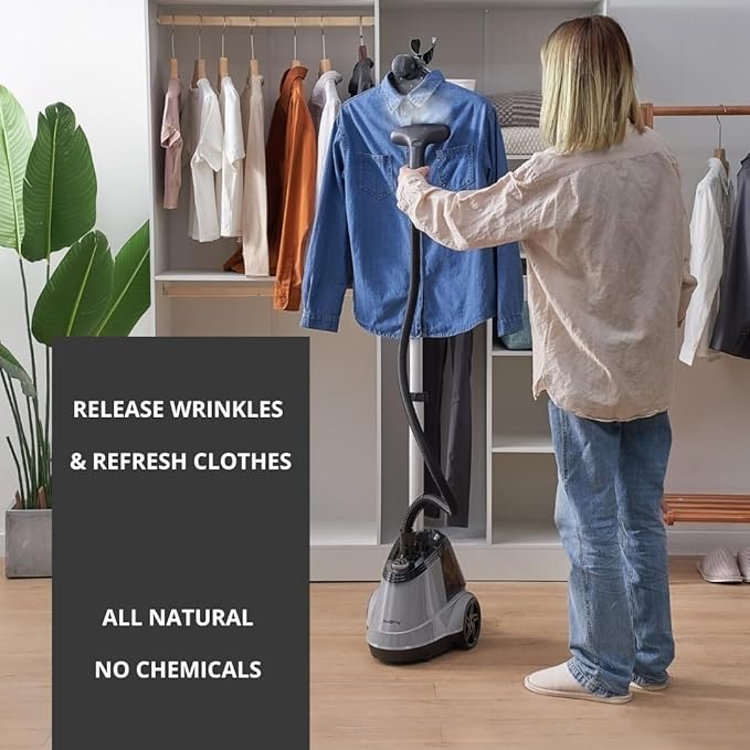 True & Tidy Heavy Duty Commercial Full Size Standing Garment Steamer for Clothes with Extra Large 2.9L (98 oz) Water Tank for 90+ mins of Steam Time, 1800 watts of Powerful Steam, 3 Settings, Gray