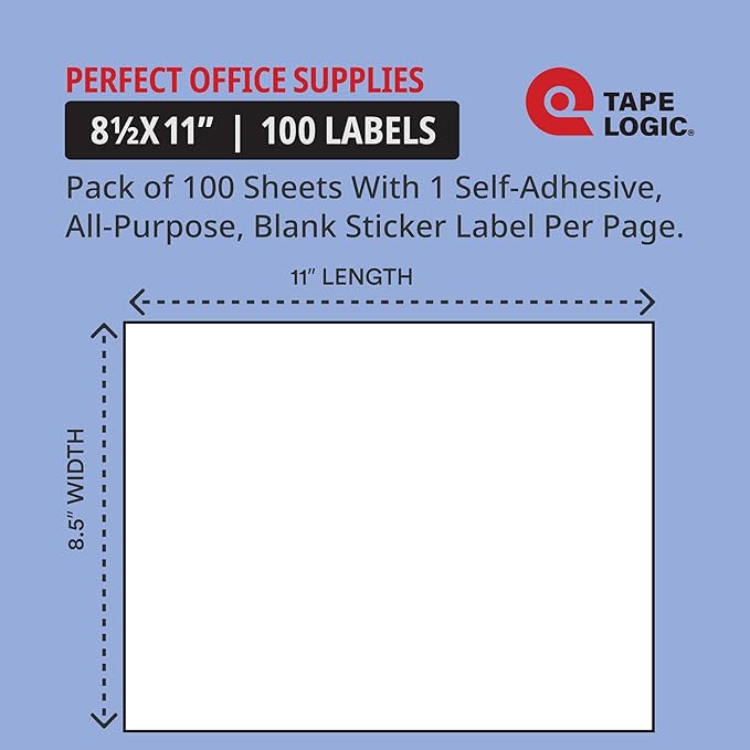 TAPE LOGIC Laser Labels Rectangle 8 1/2"x11" White (100-pk) Self-Adhesive All Purpose Blank Sticker Label Whole Sheet Printable Office & Personal Supplies for Address, Shipping & Mailing