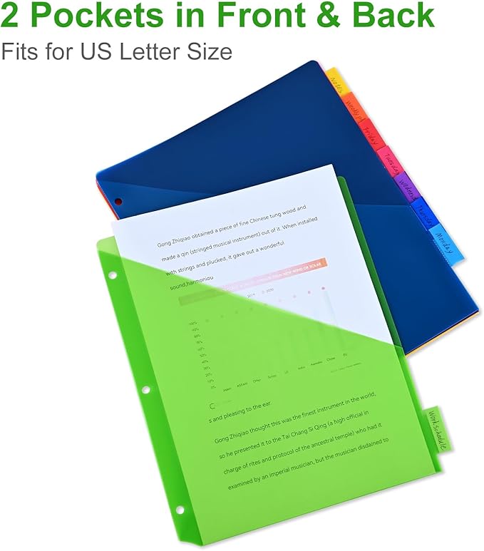 8-Tab Binder Dividers - Index Pockets Divider for 3 Ring Binders, 3-Hole Plastics Sheets Protectors for US Letter Size in 0.5'', 1'', 2'', 3 inch Binders, 8 Colors (XY004) (6 Packs)