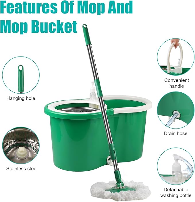 Spin Mop and Bucket with Wringer Set, 360° Spinning Mop Bucket System with 3 Microfiber Mop Replacement Heads and 61" Stainless Steel Adjustable Handle for Floor Cleaning (20QT)