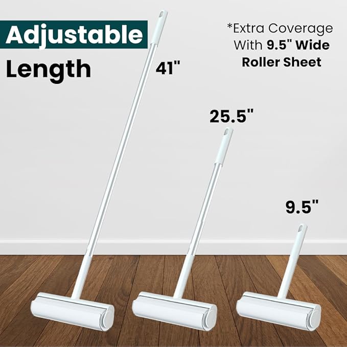 Large Lint Roller with Extra Sticky Roller and 420 Sheets 9.5" Wide, Floor Lint Roller Long Handle, Extendable to 41", Carpet, Couch, Pet Hair, Clothing Cleaning Supplies (Navy Roller + 7 Refills)