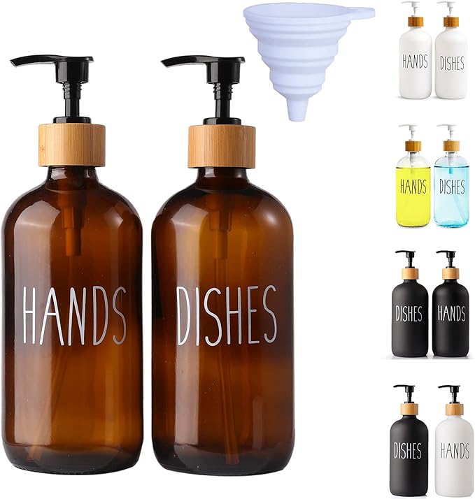 2 Pack Amber Glass Soap Dispenser with Plastic Pump, Brown Dish and Hand Soap Dispenser Set, Refillable Reusable Apothecary Soap Pump Dispenser Bottles for Bathroom and Kitchen