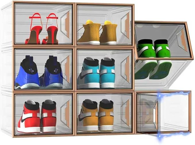 X-Large Stackable Shoe Boxes - Clear Plastic Shoe Storage Boxes with Magnetic Door, Thicken Shoe Organizer for Closet, Space Saving Foldable Shoe Containers Bins for Sneaker Boot - 8 Pack(Brown)