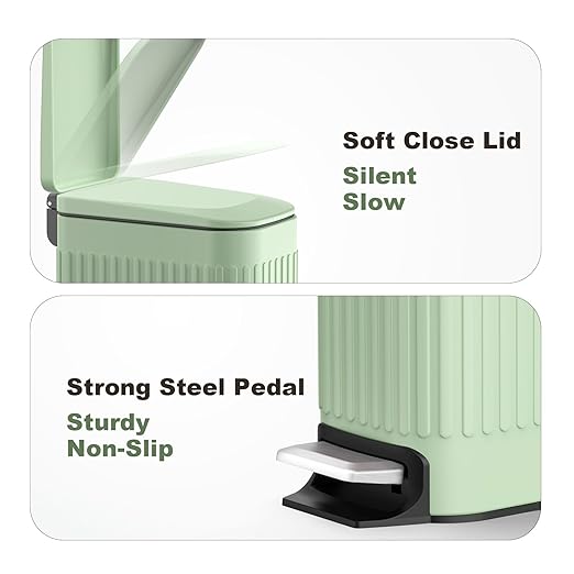TrashAid Slim Bathroom Trash Can with Lid Soft Close, 6 Liter/1.6 Gallon Stainless Steel Small Garbage Can with Removable Inner Bucket, Step Pedal, Slim Wastebasket for Toilet, Office, Bedroom, Green