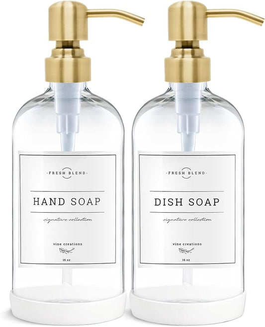 Vine Creations Clear Glass Soap Dispenser, 2 Pack Kitchen Soap Dispenser Set with Stainless Steel Pump, 16 oz Dish Soap and Hand Soap Dispensers for Bathroom with Waterproof Labels