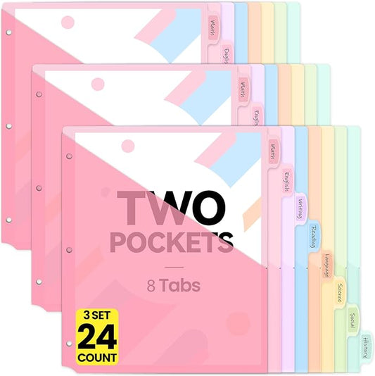 Sooez 24 Count Dividers with 2 Pockets, 8 Tabs Binder Dividers for 3 Ring Binders, Binder Dividers with tabs, Binder Divider with Pockets for US Letter Size, Insertable Big Tabs, Pastels, 3 Sets