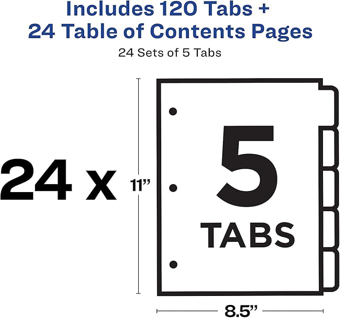 Avery Dividers for 3 Ring Binders, 5 Tabs per Set, Customizable Table of Contents, Multicolor Tabs, Great for Organizing High-Volume Reports, Projects, and More (24 Sets of 11167)