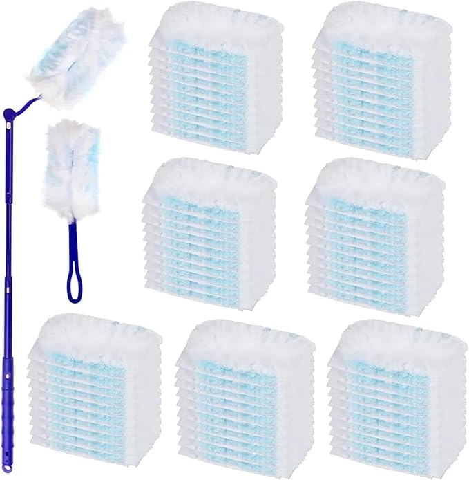 JMIATRY 100PCS Disposable Duster Refills for Swiffer Duster Pads 180 Degree Heavy Duty Dusters Refill with Adjustable Handle Disposable Dusters for Cleaning Home, Office (Blue & White)