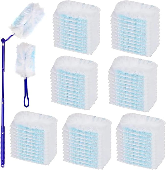 JMIATRY 100PCS Disposable Duster Refills for Swiffer Duster Pads 180 Degree Heavy Duty Dusters Refill with Adjustable Handle Disposable Dusters for Cleaning Home, Office (Blue & White)