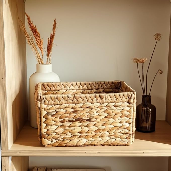 Wicker Basket For Shelves, Baskets for Organizing, Woven Storage Basket Built-in Handles for pantry, shelves, kitchen (Medium 2-Pack, Natural Water Hyacinth)