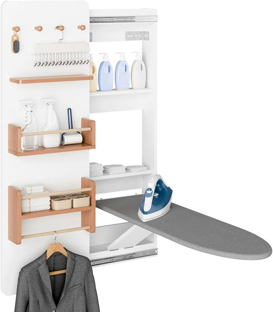 Wall Mounted Ironing Board Cabinet with Storage, Foldable Wall Ironing Board with Sliding Door, Wall Mount Space Saving Ironing Station for Laundry Room, Living Room, Entrance