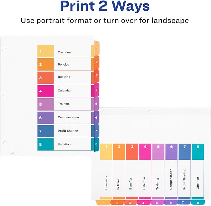 Avery Dividers for 3 Ring Binders, 8 Tabs per Set, Customizable Table of Contents, Multicolor Tabs, Great for Organizing Reports, Projects, and More (11133)