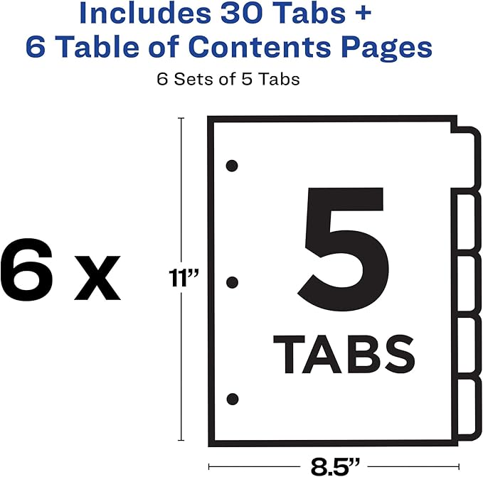 Avery 5 Tab Dividers for 3 Ring Binders, Customizable Table of Contents, Multicolor Tabs, 6 Sets (11187)