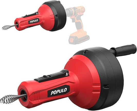 POPULO Drain Auger, Auto Feed Plumbing Snake Clog Remover for Unclog Sink Drain 3/4"-2" Pipe, 16 Ft Snake Hair Drain Clog Remover Cleaner Tools Manually or Powered for Shower, Bathtub, Kitchen, Sink