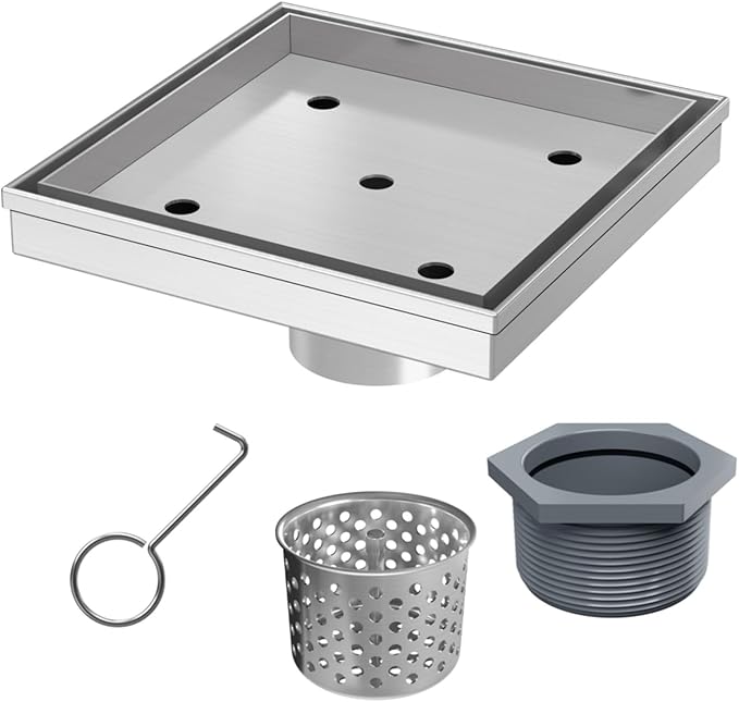 Sharpeye 6 Inch Square Shower Drain with Removable Tile Insert Grate, Brushed 304 Stainless Steel Square Shower Floor Drain, Includes Hair Strainer, CUPC Certified
