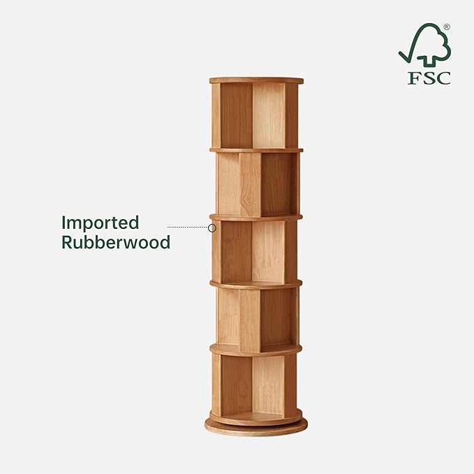 YESWOOD Solid Wood Rotating Bookshelf, 5 Tier Round Revolving Bookcase, 360° Spinning Shelf Tower, Floor Standing Bookcase Storage Rack for Home Office, Corner, Bedroom, Study, Living Room