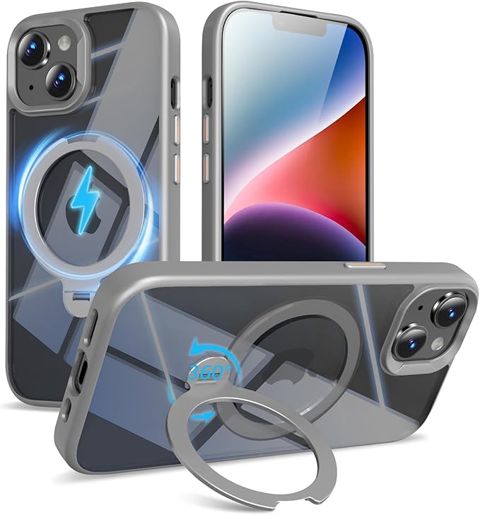 360° Spin Invisible Magnetic Stand for iPhone 14 Case [Military Grade Shockproof] [Compatible with MagSafe] Slim Translucent Matte Phone Case for iPhone 14 (6.1"), Gray