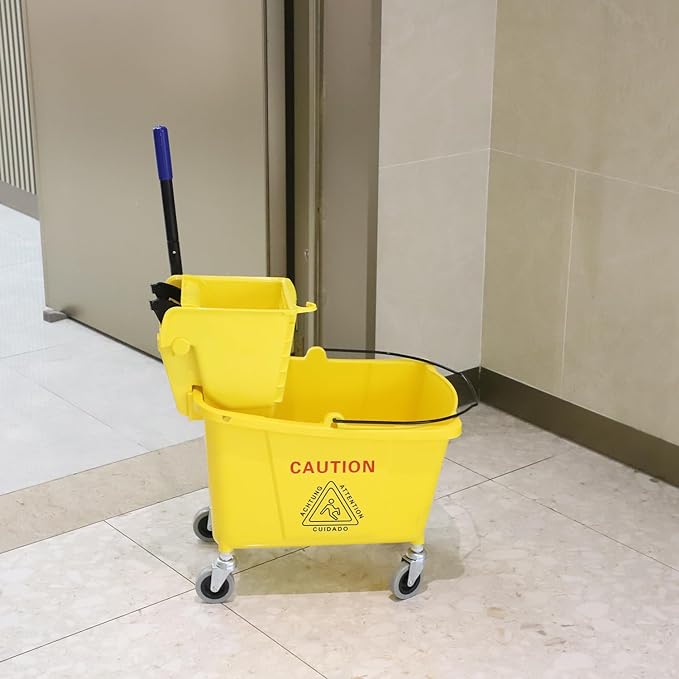 Commercial Mop Bucket with Side Press Wringer on Wheels, Including One Commercial Mop, 35 Quart, Yellow