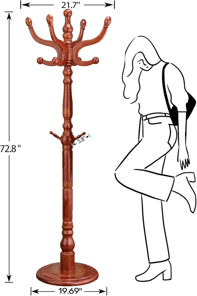 Wood Coat Rack, Heavy Duty Coat Rack Freestanding with 11 Smooth Hooks, Vintage Coat Tree, Clothes Hanger Stand with Stable Disc Base for Entryway, Bedroom (Light Brown)