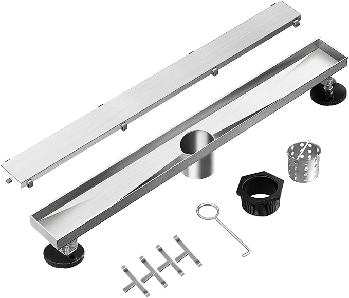 Linear Shower Drain, 32 inch Drain with Tile Insert 2-in-1 Panel, Brushed 304 Stainless Steel Shower Floor Drain, Linear Drain with Hair Strainer and Adjustable Feet