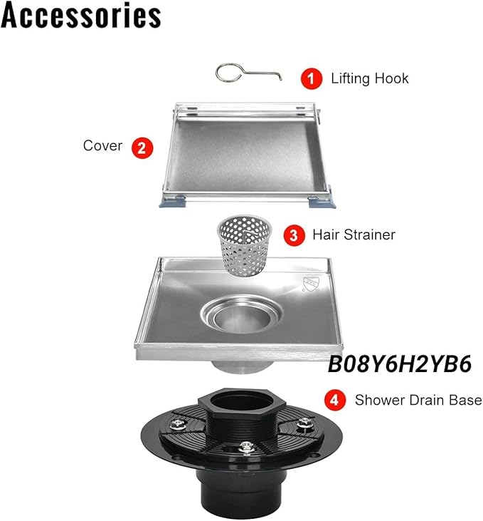 Square Shower Drain, Shower Drain 4 inch with 2 in 1 Tile-Insert Cover, Brushed AISI 304 Stainless Steel Shower Floor Drain with Hair Catcher