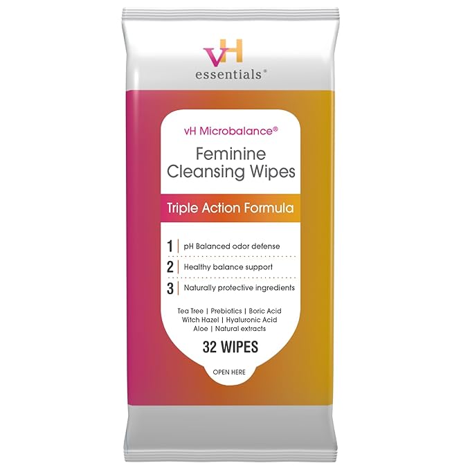 vH essentials Feminine Cleansing Wipes 32 ct. pH Balanced, Prebiotics, Tea Tree & Aloe, Soothing Witch Hazel, Odor-Blocking Formula, Vaginal and Perianal Care, Paraben, Alcohol, and Fragrance-Free