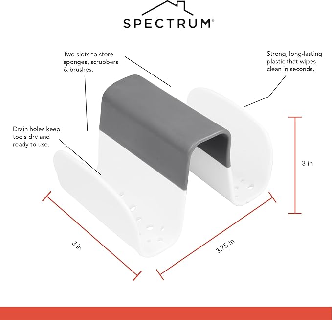 Spectrum Sink Saddle for Kitchen Sink Gray White Sponge and Brush Holder Organizer, Dish Brush and Sponges Plastic Saddle Caddy for Double Sink Storage with Drain Holes for Quick Drying Organization