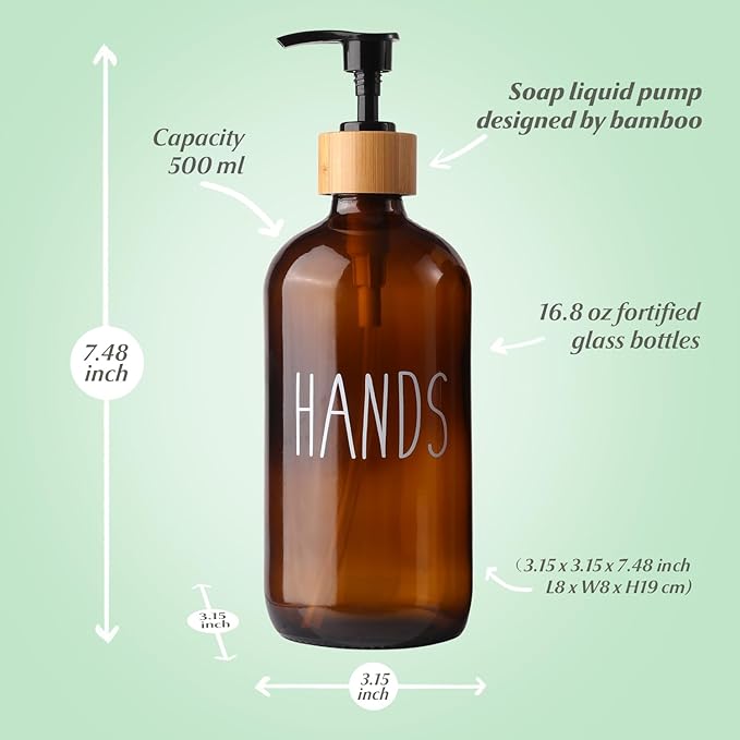 2 Pack Amber Glass Soap Dispenser with Plastic Pump, Brown Dish and Hand Soap Dispenser Set, Refillable Reusable Apothecary Soap Pump Dispenser Bottles for Bathroom and Kitchen