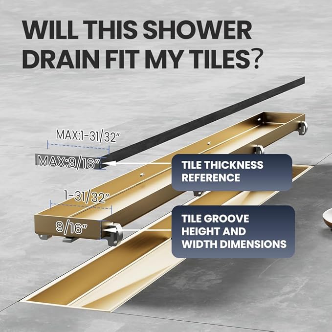 Linear Shower Drain 32 Inch Gold, Brushed AISI 304 Stainless Steel Shower Drain with 2-in-1 Tile Insert Panel, for Bathroom, Kitchen, Garage & More