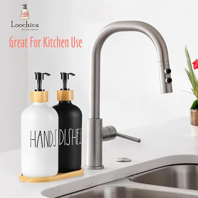 2 Pack Glass Soap Dispenser Set with Tray, Hand and Dish Glass Soap Dispensers for Kitchen Sink, Kitchen Soap Dispenser Set Suitable for Black and White Kitchen Decor