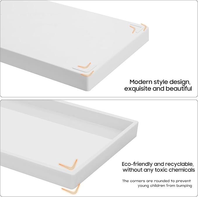 Vanity and Bathroom Tray, 7.7" ABS Countertop Organizer,Waterproof Vanity Tray for Toilet Tank,Perfume,Soap,Keys,Bathroom Accessories,Kitchen and Bath Trays,Non Slip Small Trays,White,2 Pack