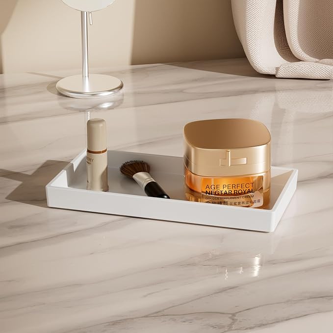 Vanity and Bathroom Tray, 7.7" ABS Countertop Organizer,Waterproof Vanity Tray for Toilet Tank,Perfume,Soap,Keys,Bathroom Accessories,Kitchen and Bath Trays,Non Slip Small Trays,White,2 Pack