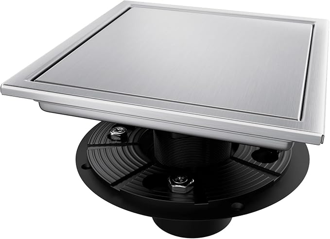 Square Shower Drain, Silver Shower Drain 6 inch with Flange and 2 in 1 Tile-Insert Cover, AISI 304 Stainless Steel Shower Floor Drain with Hair Catcher and Flange