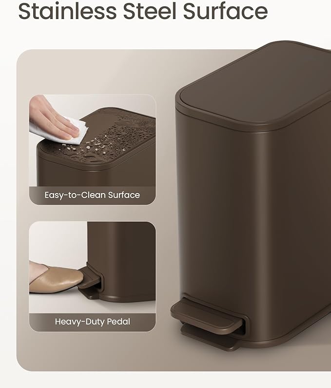 Cesun Small Bathroom Trash Can with Lid Soft Close, Step Pedal, 5 Liter / 1.3 Gallon Stainless Steel Garbage Can with Removable Inner Bucket, Waste Basket for Bathroom, Bedroom (Brown)