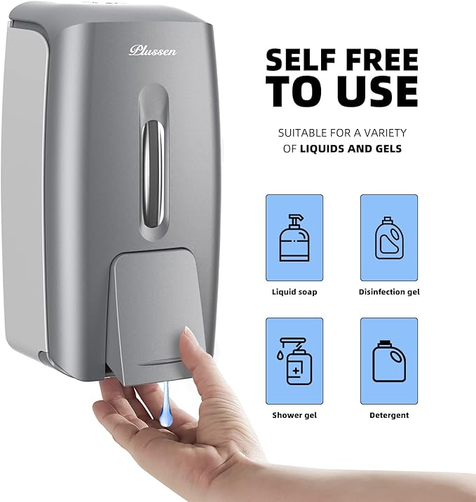 Soap Dispenser Wall Mount Adhesive Commercial Soap Dispenser 800ml No Drill Hand Sanitizer Dispenser for Bathroom Support Liquid and Gel,Silver-PN9088