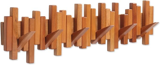Wooden Coat Rack Wall Mounted Sticks Multi Rack Solid Handmade Natural Cherry Wood Artwork with 6 Flip-Down Unique Modern Hooks for Coats Bag Hat Umbrella