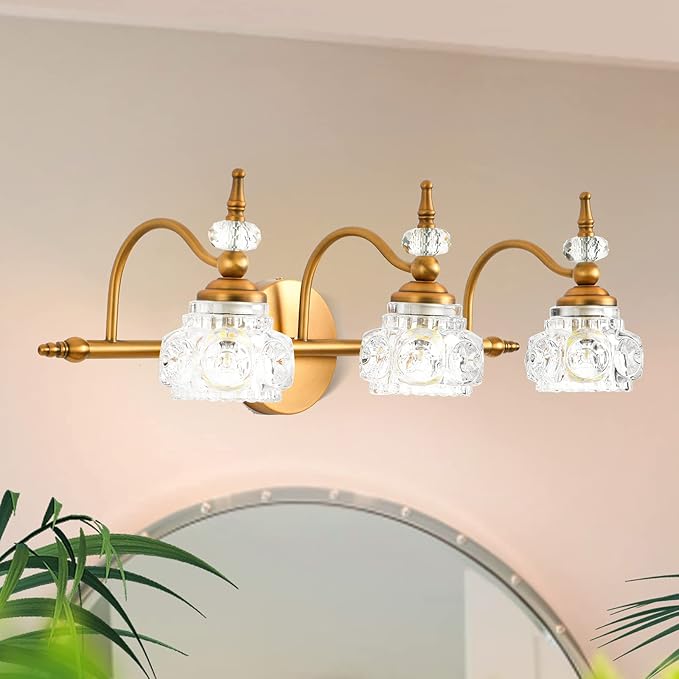 WJShome Vintage Bathroom Vanity Light Fixture, 3 Lights Bathroom Lighting Matte Brushed Antique Brass Finish with Crystal Glass Shade, Vintage Vanity Light for Bathrooms