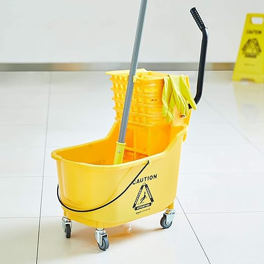 Amazon Basics Side Press Wringer Combo Commercial Floor Cleaning Rectangular Mop Bucket on Wheels, 35-Quart, Yellow