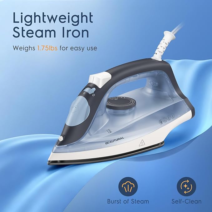 BEAUTURAL Steam Iron for Clothes, Non-Stick Soleplate, Burst of Steam, Spray Mist, Self-Cleaning, Anti-Calcium, Anti-Drip, Easy Temperature Control, Light Weight, 1200 Watts