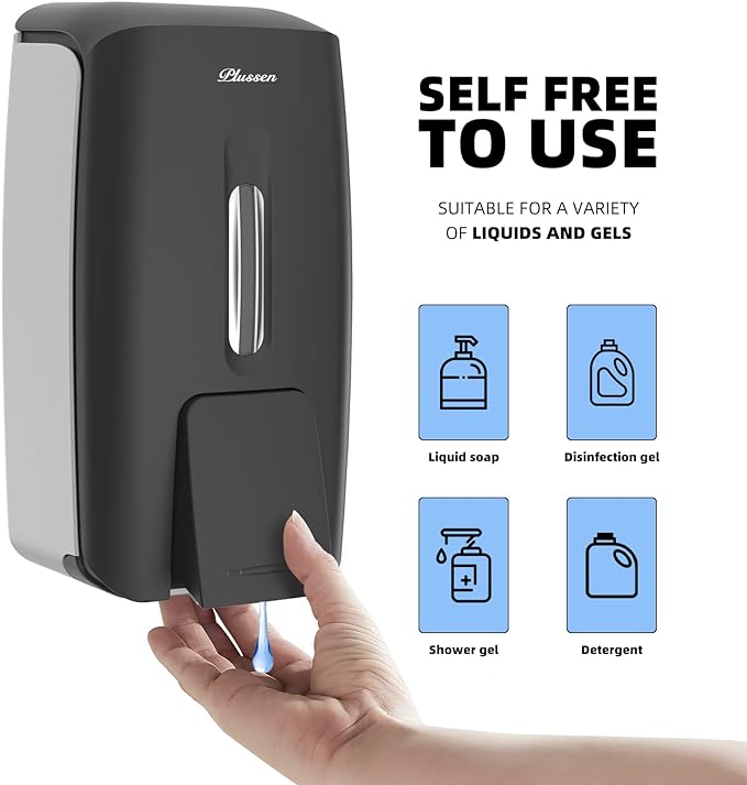 Soap Dispenser Wall Mount Adhesive Commercial Soap Dispenser 800ml No Drill Hand Sanitizer Dispenser for Bathroom Support Liquid and Gel,Black-PN9088