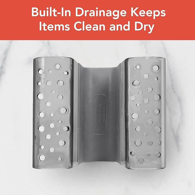 Spectrum Sink Saddle for Kitchen Sink Gray Slate Tint Sponge and Brush Holder Organizer, Dish Brush and Sponges Plastic Saddle Caddy for Double Sink Storage with Drain Holes for Quick Drying