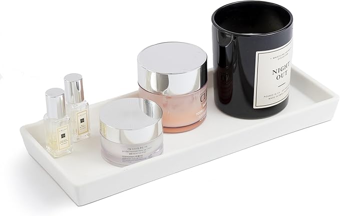White Bathroom Tray - 12x5'' Resin Tray for Bathroom Countertop, Kitchen Vanity Tray & Dish Soap Tray for Kitchen Counter - Ideal Also as Jewelry, Perfume & Napkin White Vanity Tray
