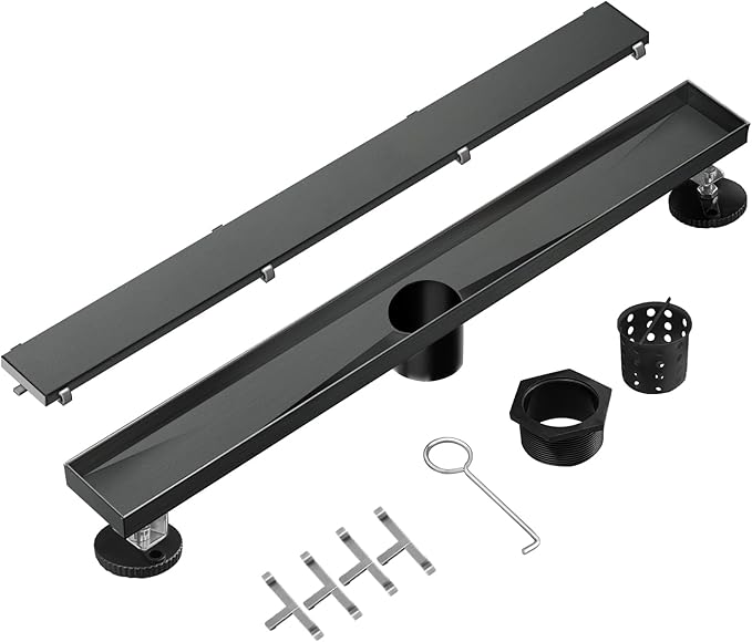Linear Shower Drain, 72 inch Black Drain with Tile Insert 2-in-1 Panel, Brushed 304 Stainless Steel Shower Floor Drain, Linear Drain with Hair Strainer and Adjustable Feet