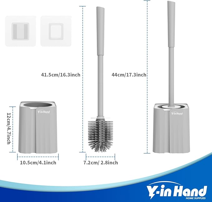 Toilet Brush and Holder Set, Silicone Toilet Bowl Cleaner Brush Bristles, Bathroom and RV Cleaning Tools, Space Saving Toilet Scrubber, Wall Mountable. (Grey)