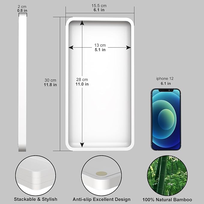 Weenson Bathroom Vanity Tray for Countertop Toiletries Makeup Decor Perfume Candles, Kitchen Tray for Soap Dispenser Spice Salt Coffee, Toilet Tank Tray Bamboo11.81” L x 6.1” W x 0.79” H (White)