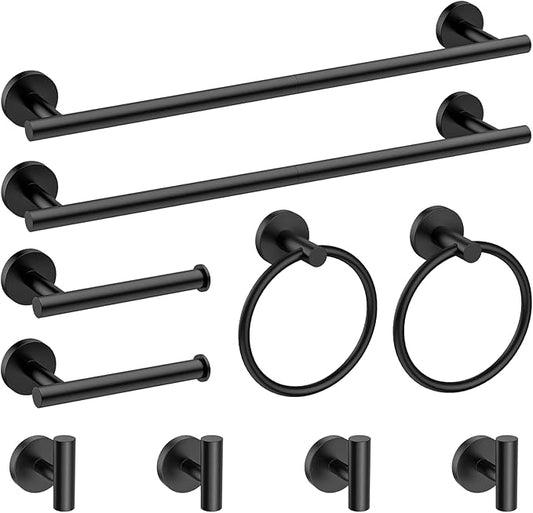 10-Pieces Bathroom Hardware Set, Includes 24 Inch Towel Racks for Bathroom Wall Mounted, Toilet Paper Holder, Towel Hooks for Bathrooms, Towel Rings for Bathroom Wall (Matte Black)