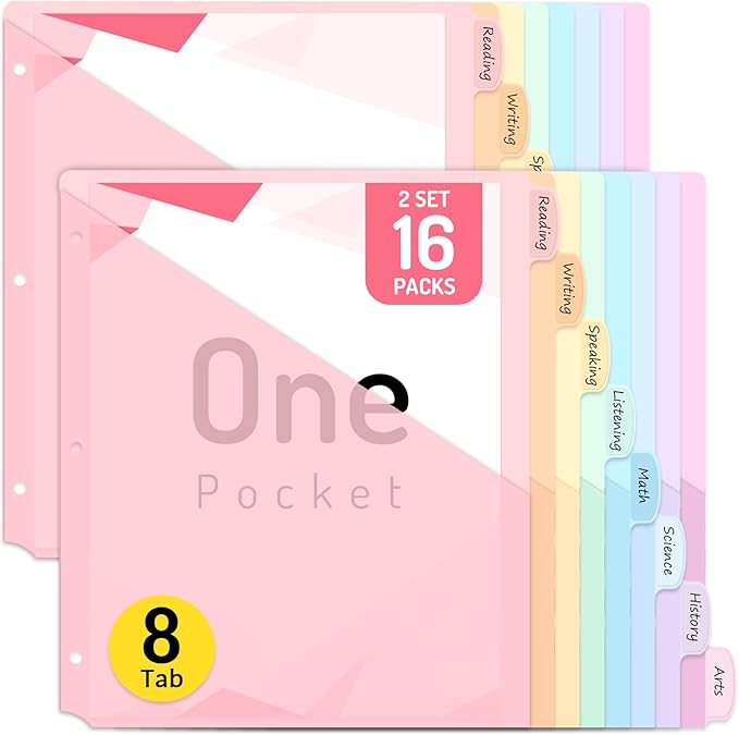 Forvencer 16 Count Dividers for 3 Ring Binder, 8 tabs Binder Dividers with Pocket for US Letter Size, Binder Dividers with Tabs for School Office and Home Organization, Multicolor, 2 Sets