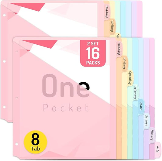 Forvencer 16 Count Dividers for 3 Ring Binder, 8 tabs Binder Dividers with Pocket for US Letter Size, Binder Dividers with Tabs for School Office and Home Organization, Multicolor, 2 Sets