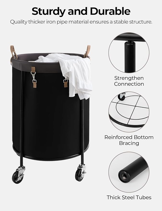 StorageWorks 170L Rolling Laundry Basket, Clothes Hamper with Wheels, Round Clothing Cart with Steel Frame and Removable Bag, 4 Casters and 2 Brakes, Black, 1-Pack